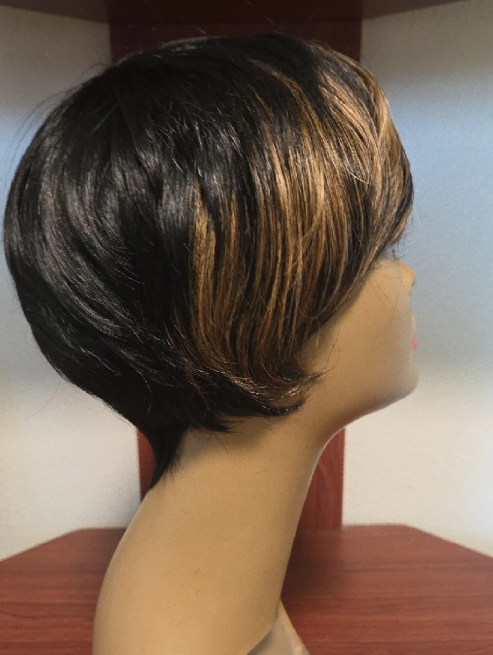 Women's Short Layered Pixie Cut Wig in Black with Blonde Highlights